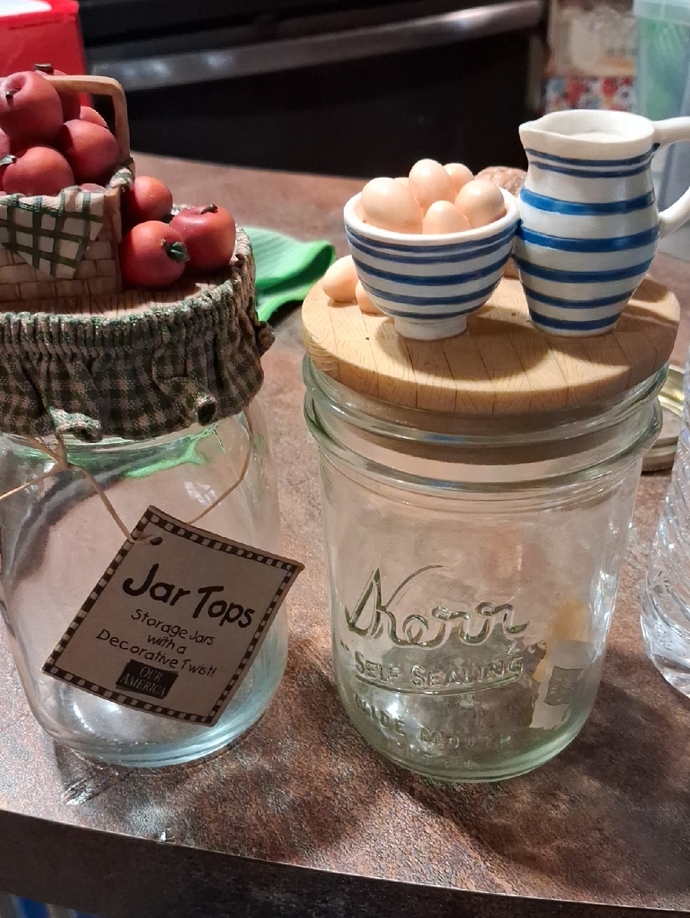 Glass Mason Jar with Wooden Decorative Blue-Striped Lid
